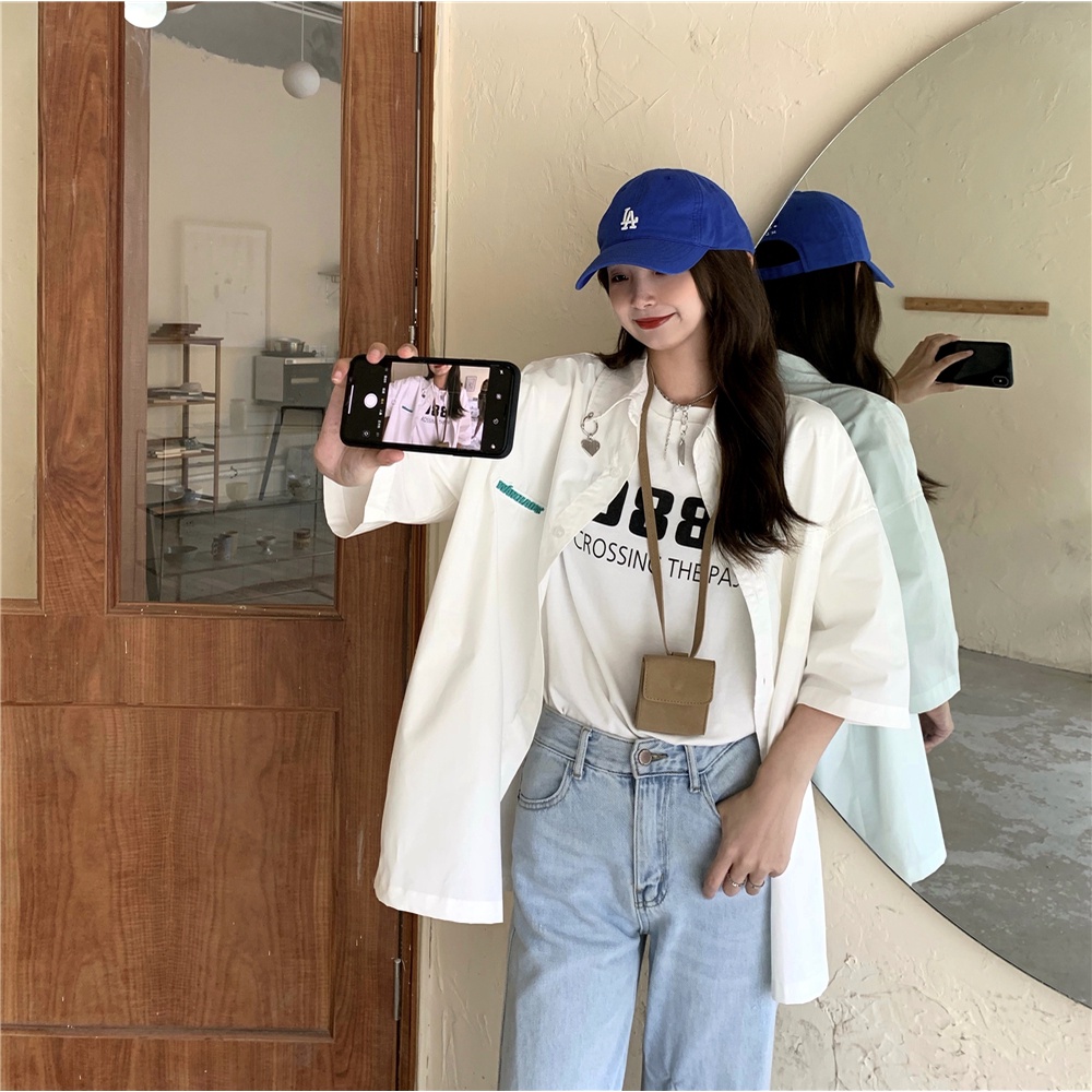 SUXI Áo Sơ Mi Tay Ngắn Màu Sắc Trơn Đơn Giản Phong Cách Vintage Dễ Phối Đồ