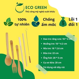 [Hàng Xuất Khẩu] Bộ dao, muỗng, nĩa, đũa, ống hút, cọ dừa có túi đựng du lịch, cho sinh viên, dân văn phòng | Eco Green