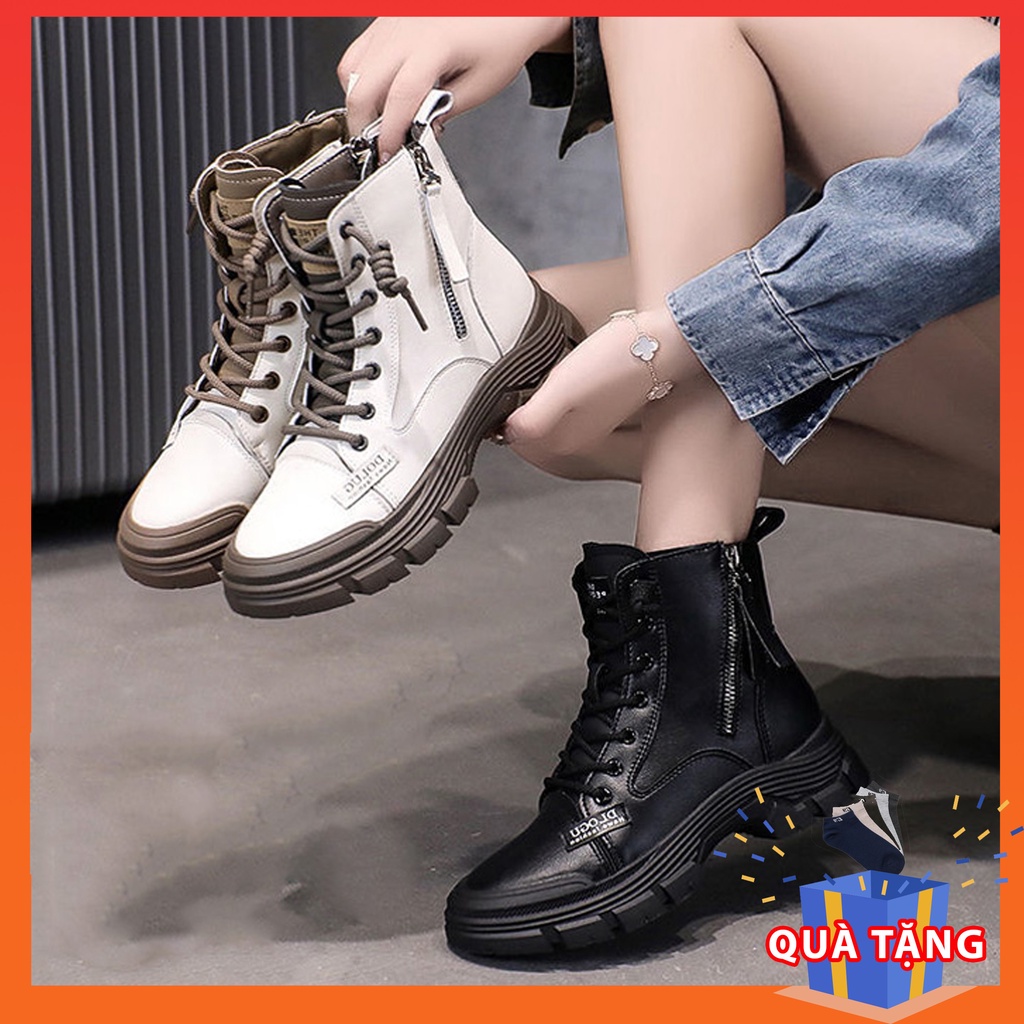 Boot da nữ cao cổ PEOPI đế bằng, Giày bốt thời trang thu đông nữ khóa dây kéo tiện lợi