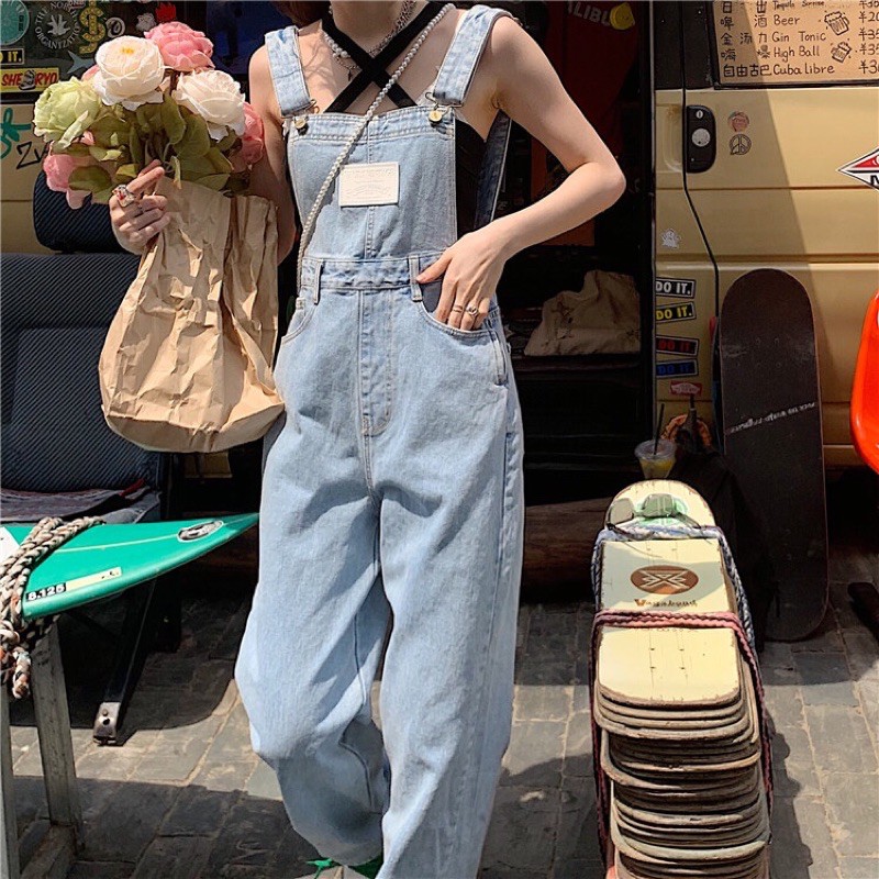 Quần yếm bò jeans ulzzang ống suông rộng / Yếm jeans áo liền quần ống rộng | BigBuy360 - bigbuy360.vn