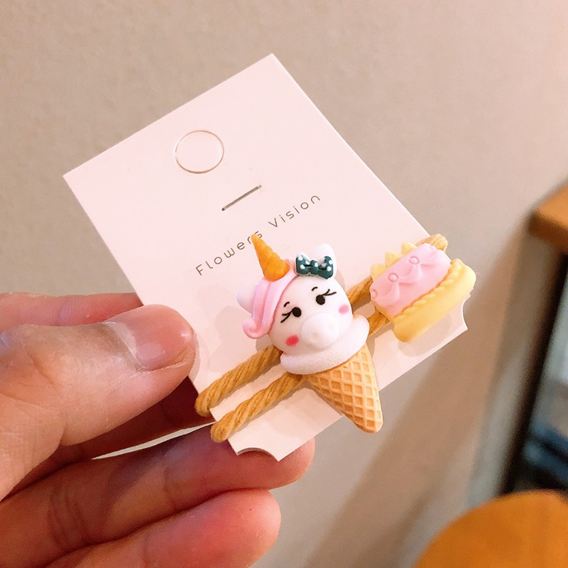 Bộ 2 dây thun cột tóc hình bánh donut / kem hoạt hình xinh xắn cho bé gái