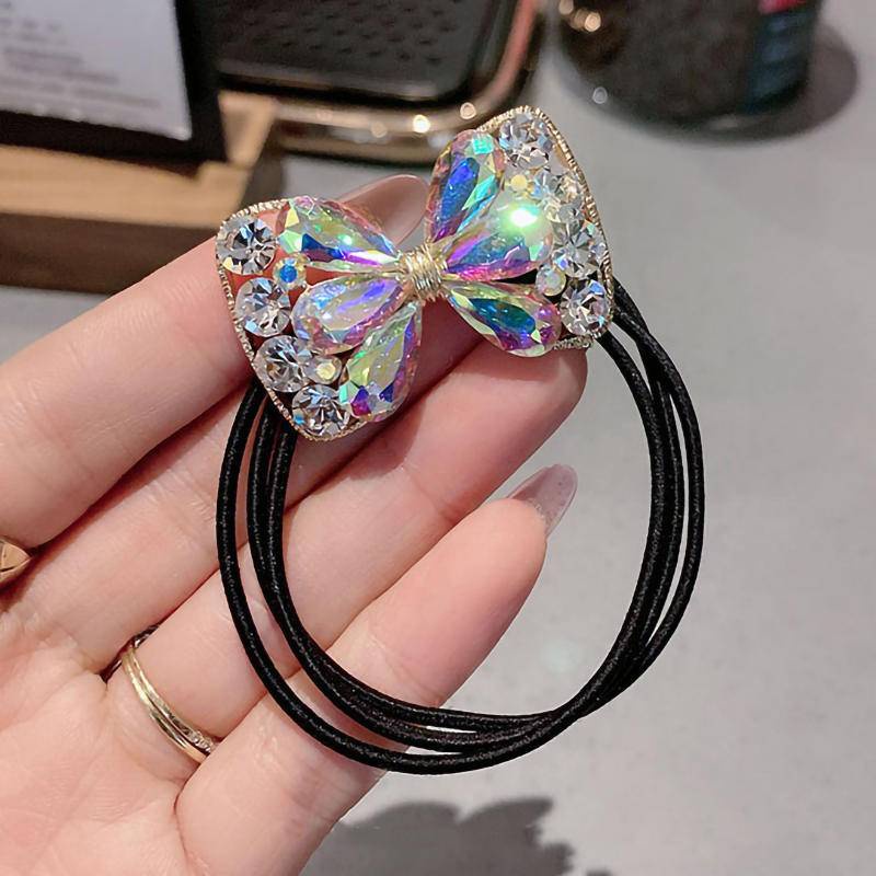 Dây buộc tóc co giãn đính đá pha lê hình nơ phong cách Hàn Quốc