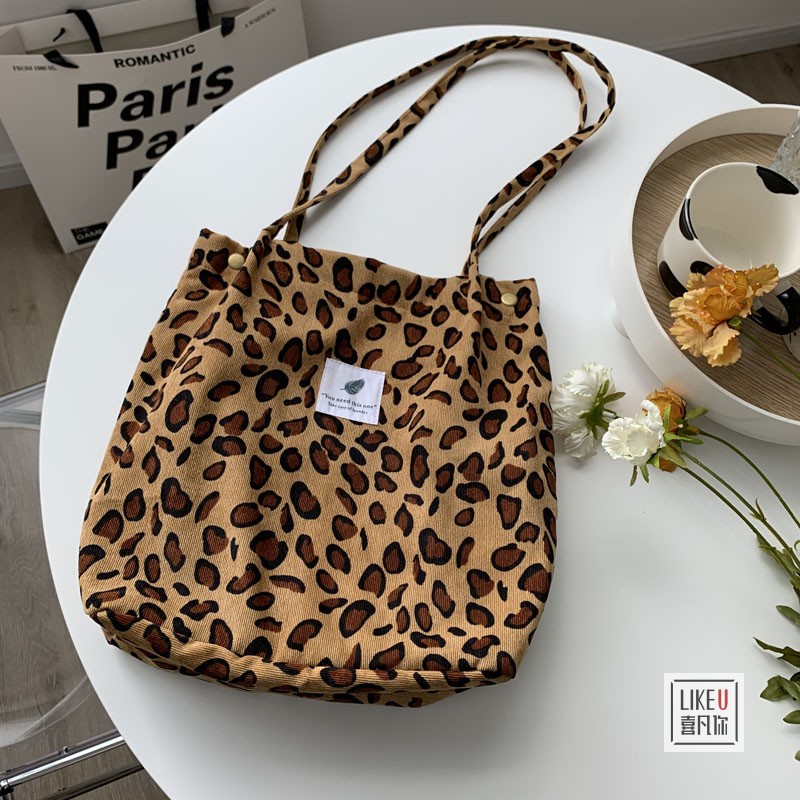 Túi tote vải nhung gân mịn da báo beo bò sữa ngựa vằn hoa nhí ulzzang