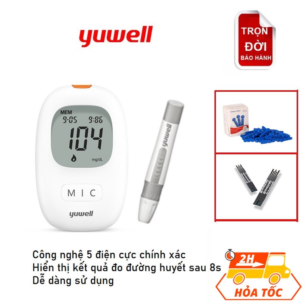 Máy đo đường huyết YUWELL Accusure 710 tặng kèm theo 10 kim lấy máu và 10 que thử đường huyết chính hãng