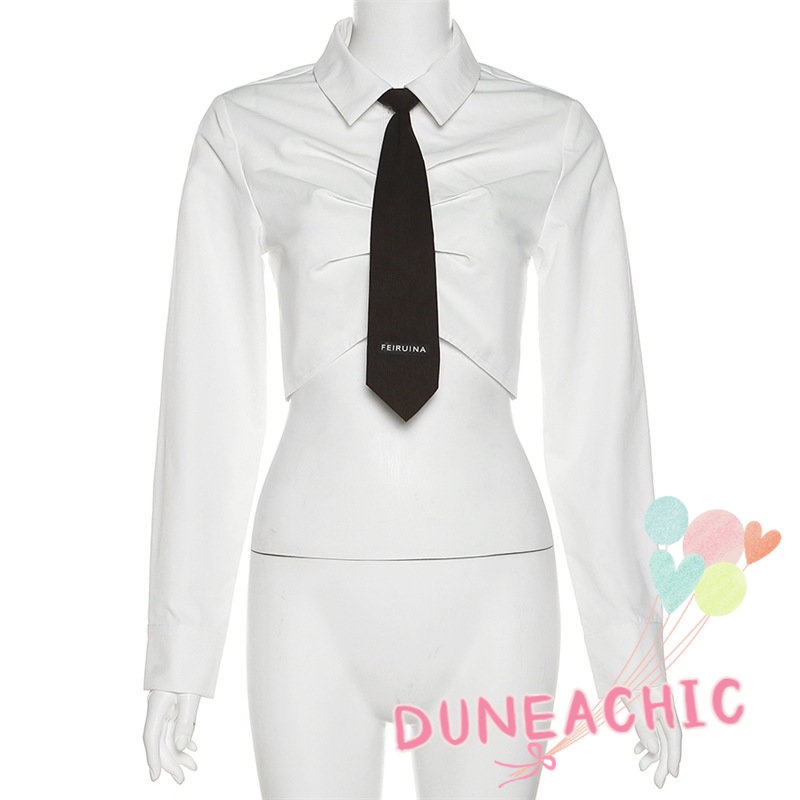 DUNEA Áo Sơ Mi Dài Tay Cổ Bẻ Phối Nút Thắt Nơ Xinh Xắn Cho Nữ
