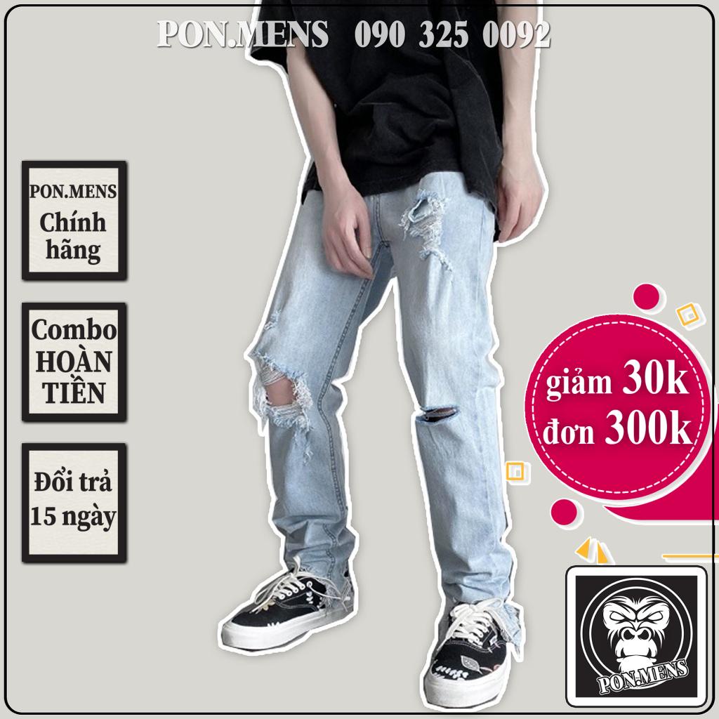 (sale xả kho) Quần jean rách nam rách gối dáng baggy màu xanh trắng 324 Pon.mens