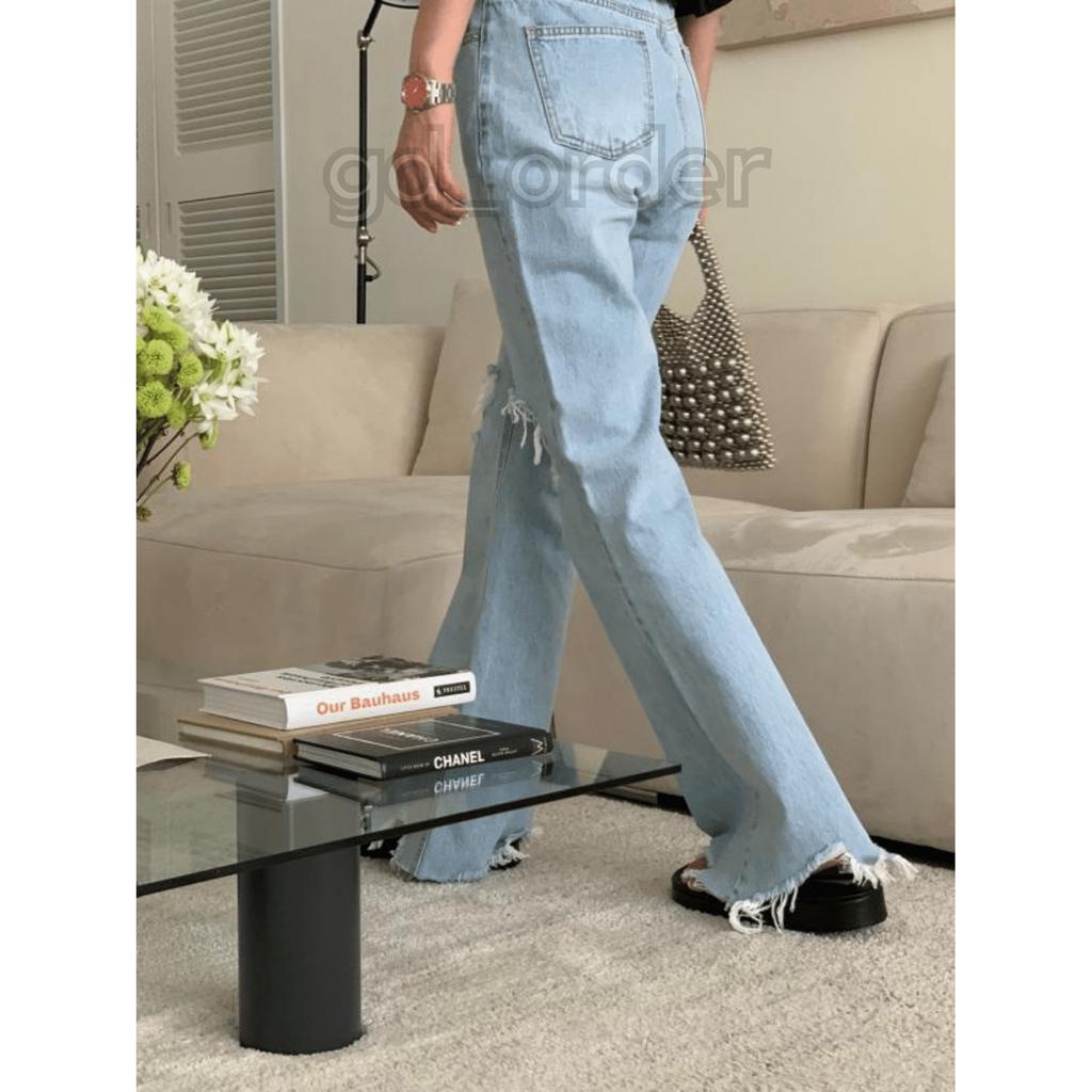 Q11|Quần jeans bò nữ ống rộng lưng cao rách gối hàn quốc basic dễ mặc đi học, đi chơi gd_order