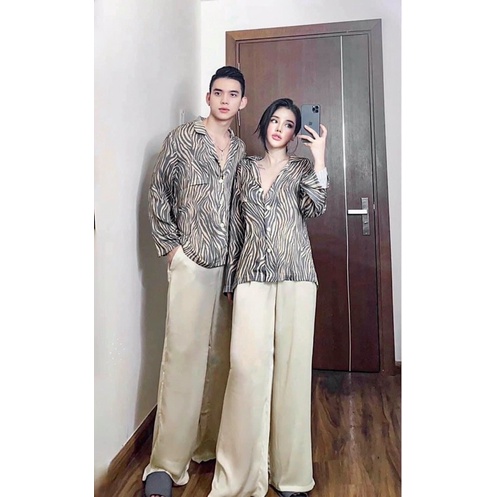 Pijama dài dài studio xọc đen nữ