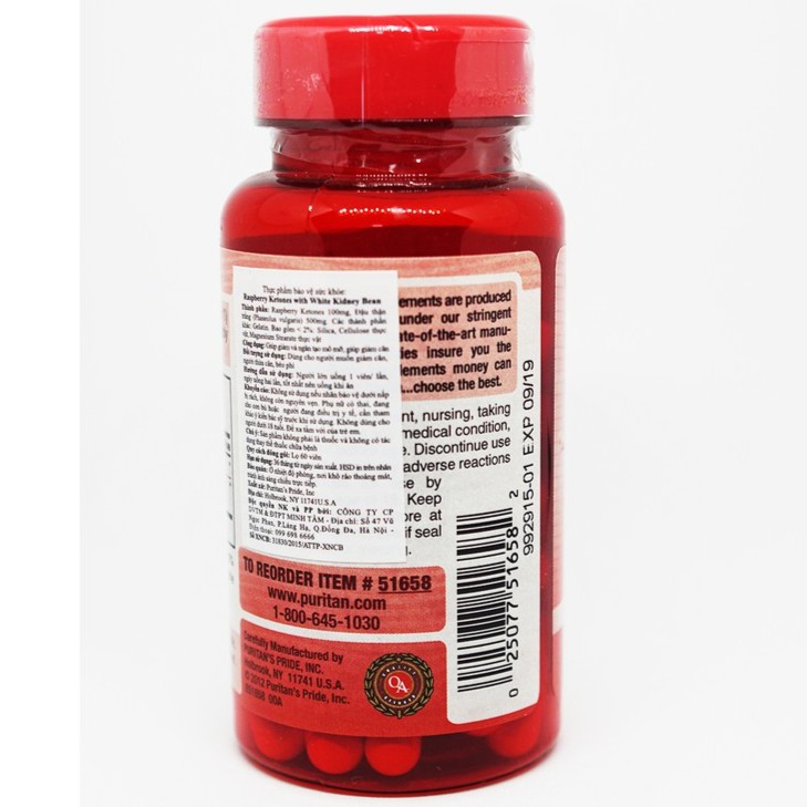 Viên uống hỗ trợ giảm cân Puritan's Pride Raspberry Ketones & White Kidney Bean 600mg Complex 60 viên | Thế Giới Skin Care