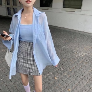 Set áo hai dây kiểu nữ trơn len gân ôm sát body và áo khoác sơ mi ngoài voan lụa oversize form rộng - Order taobao