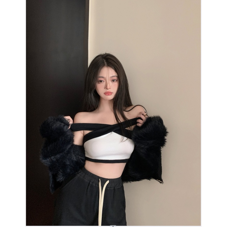 HUANG YOYO Áo Lửng Cổ Yếm Phong Cách Hàn Quốc Thời Trang Cho Nữ