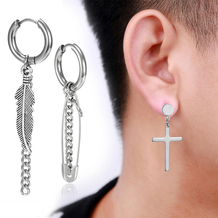 1 Khuyên Tai Dạng Vòng Hình Thánh Giá Bằng Thép Không Gỉ Phong Cách Hàn Quốc