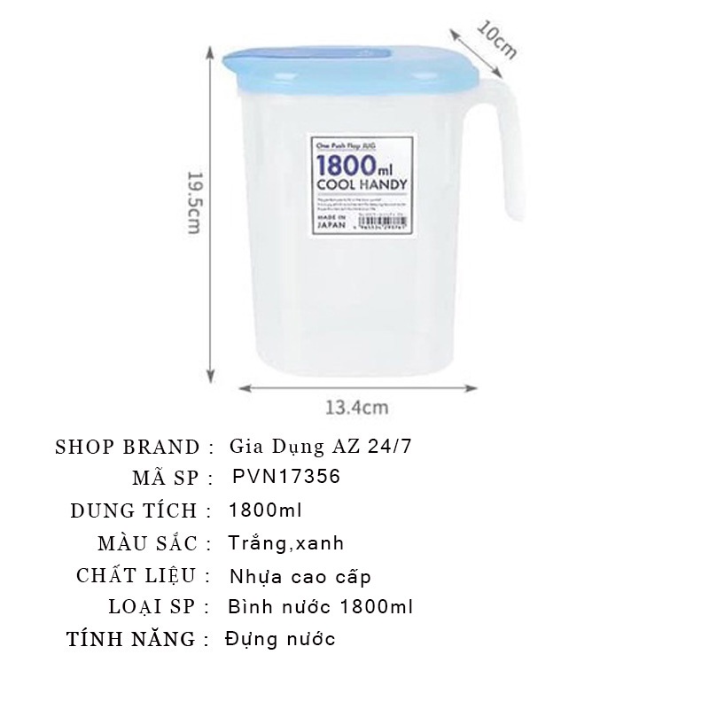 Bình đựng nước bằng nhựa cao cấp chịu nhiệt cao dung tích 1800 ml PVN17356