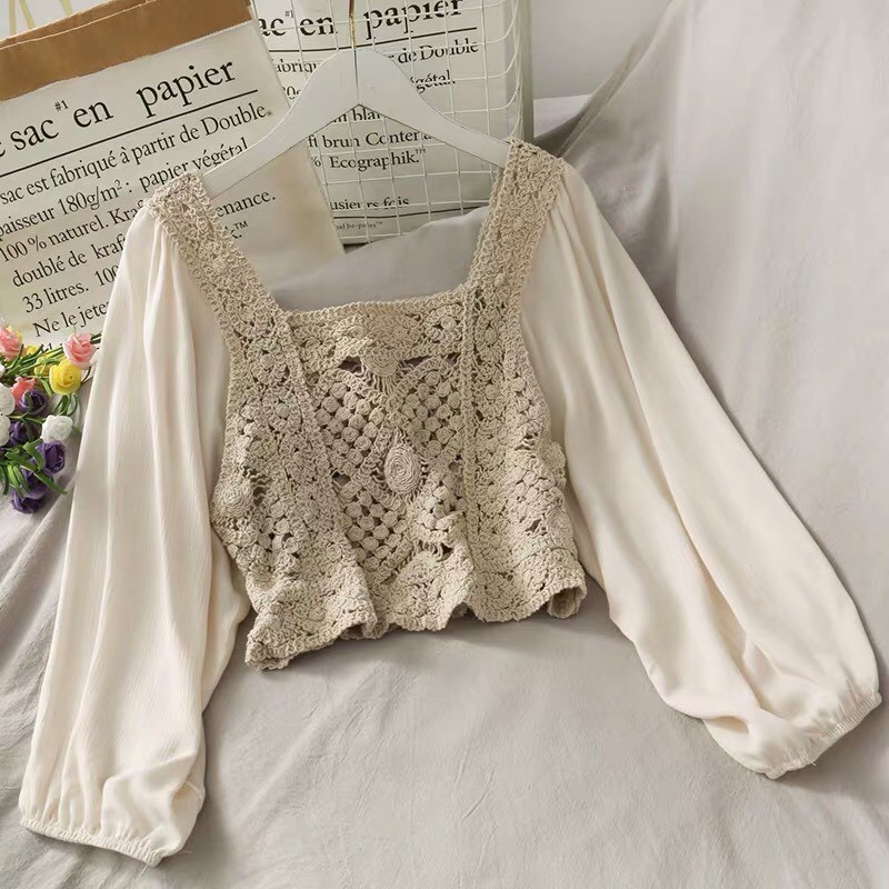 Mùa thu phong cách mới thời trang Hàn Quốc áo sơ mi rộng rãi giảm béo rỗng ra tất cả các trận đấu cổ áo vuông trên cùng