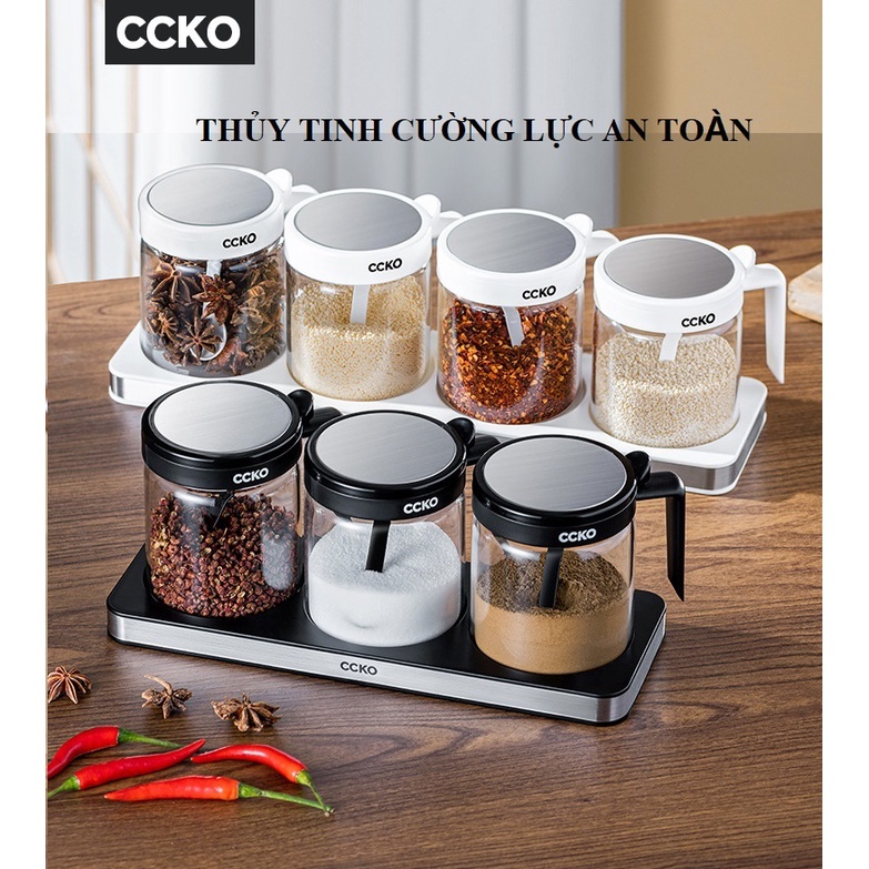 Bộ 3 hũ gia vị thủy tinh kèm khay cao cấp CCKO thương hiệu Đức, CK9984 lọ đựng gia vị thủy tinh cao cấp