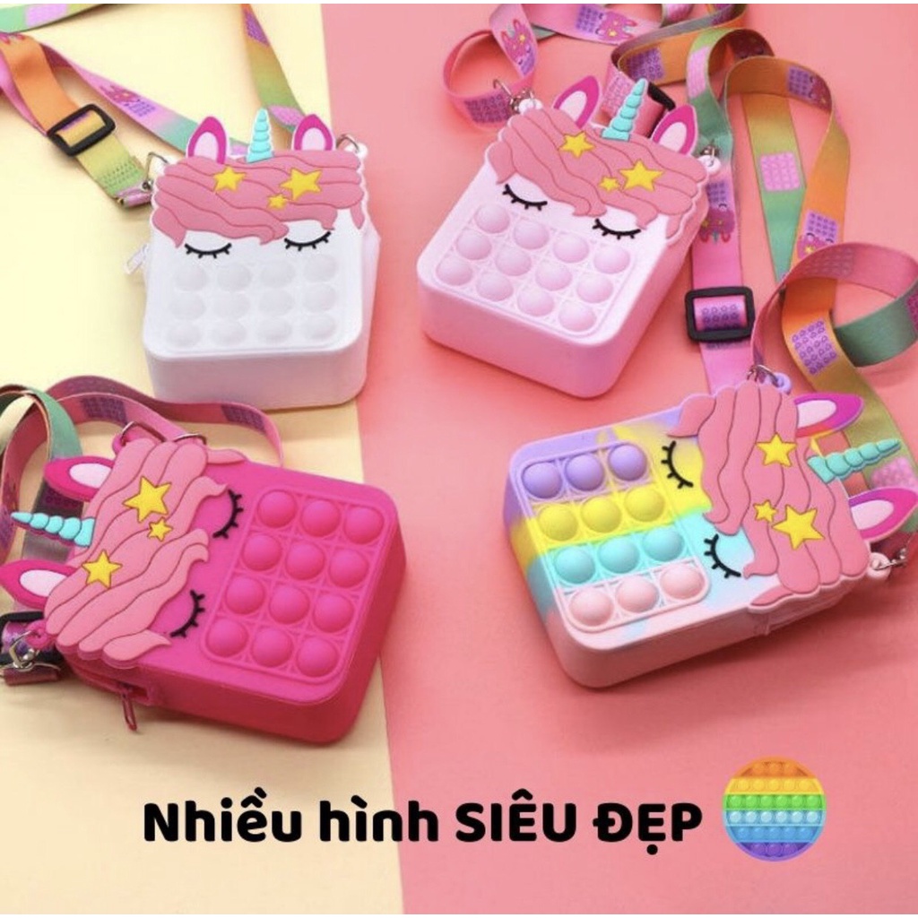 Túi đeo chéo vai popit kèm dây nhiều mẫu,màu đáng yêu cho bé, đồ chơi pop it giải stress, túi silicone kỳ lân
