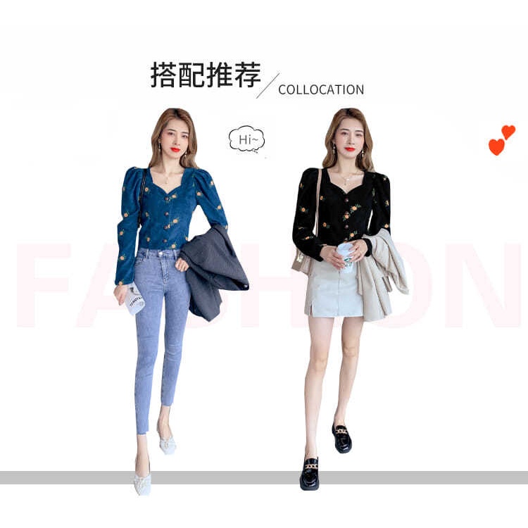 Áo sơ mi vải nhung kẻ tay dài phồng cổ chữ V in họa tiết hoa phong cách retro thời trang mùa thu mới 2021