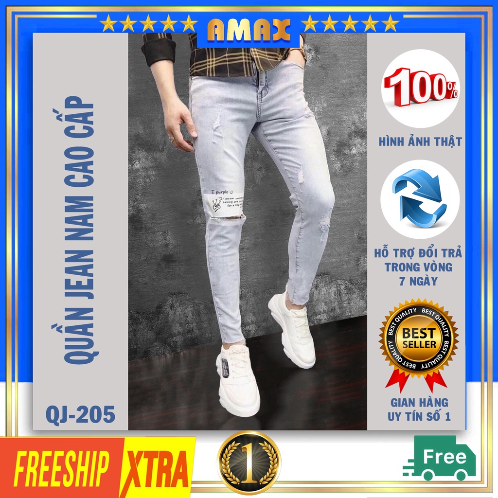 Quần Jean Nam cao cấp quần jean nam chất đẹp rách gối co giãn tốt kiểu Hàn Quốc QJ-205
