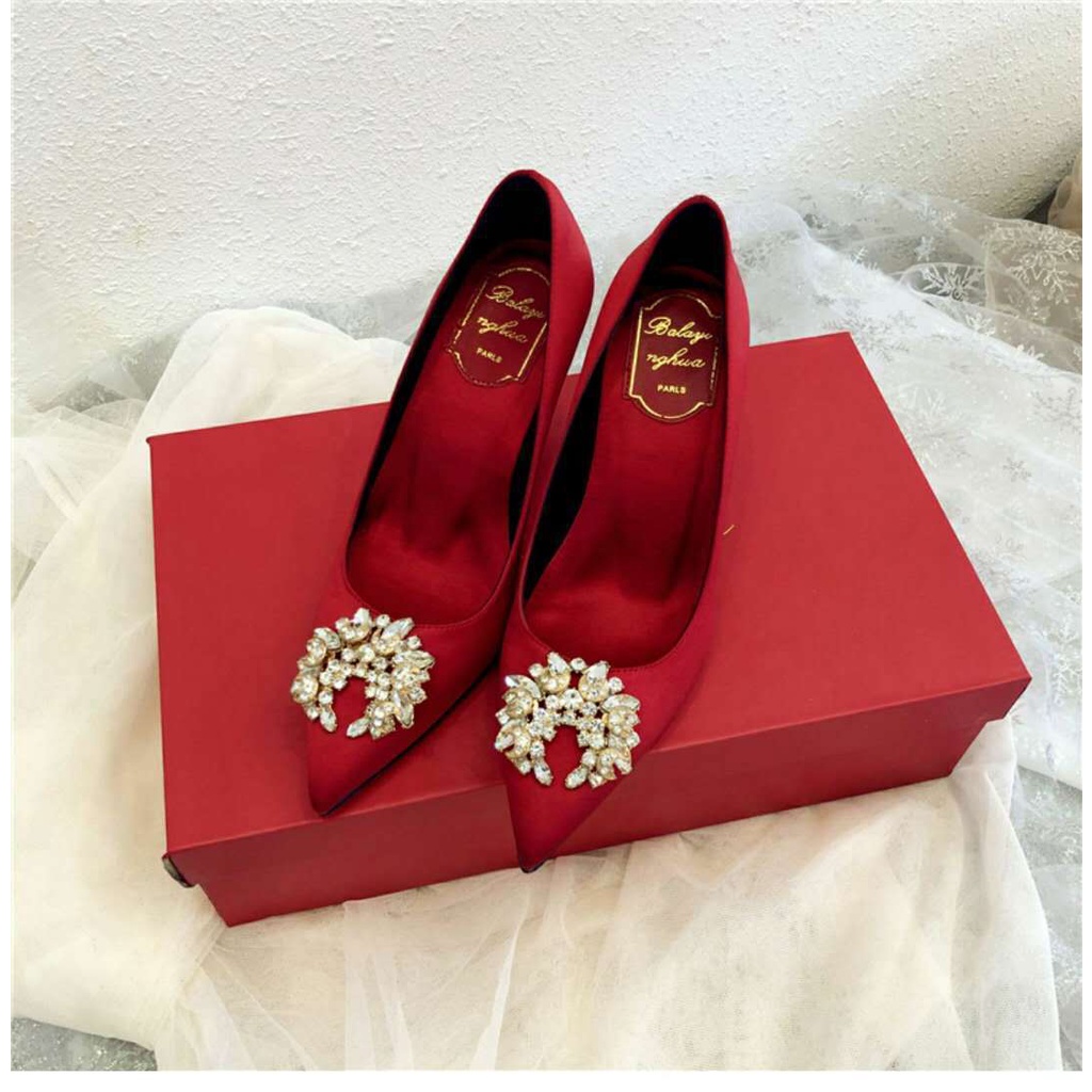 Tikp Giày Cao Gót Mũi Nhọn Đính Đá Pha Lê 2 Màu Size 34 Thời Trang Dự Tiệc Cho Nữ