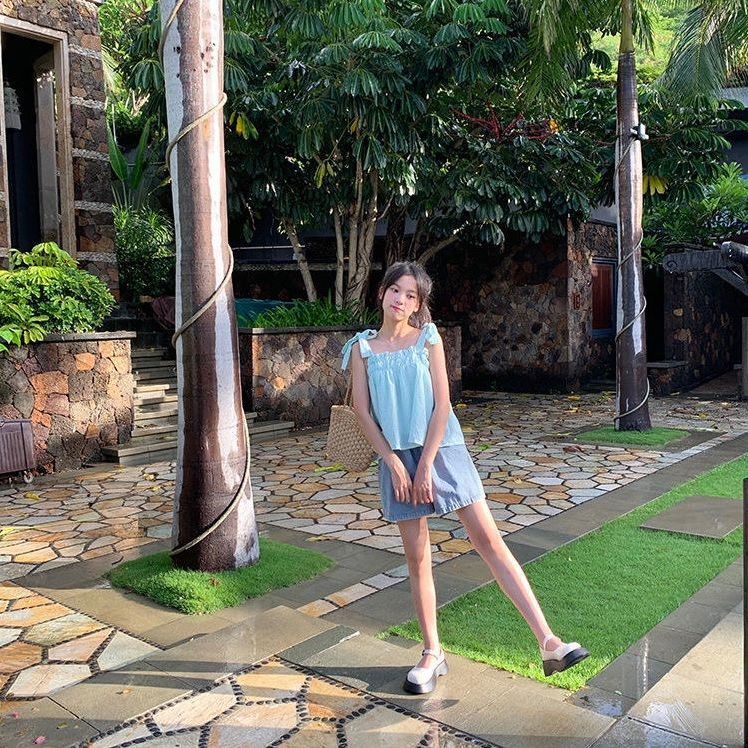 Hàng Mới Về Jiashucheng Áo Hai Dây Xếp Ly Màu Trái Cây Ngọt Ngào Phong Cách Preppy Mùa Hè Cho Nữ