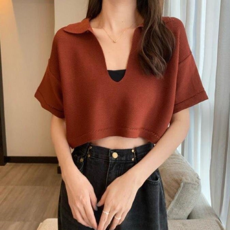 Áo len croptop cộc tay cổ bẻ dáng thụng