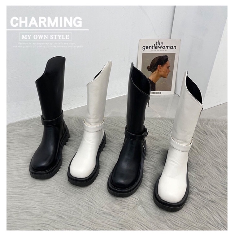 Boots ulzzang cổ vát khoá sườn da trơn đế cao 4cm