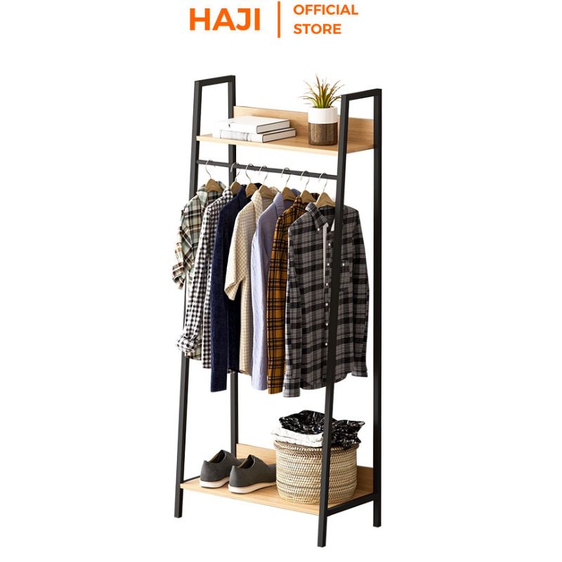 Giá treo quần áo kết hợp tầng lưu trữ tiện lợi, Cây treo áo quần HAJI khung sắt chắc chắn chống gỉ chịu lực tốt C13