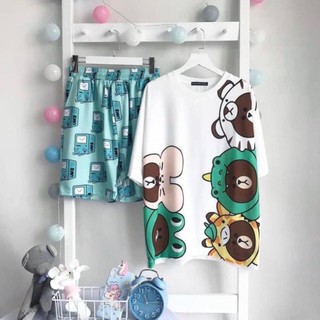 Set bộ quần áo nữ Unisex hoạt hình Gấu Bunny, quần cartoon kèm áo thun tay lỡ nam nữ in 3D form rộng