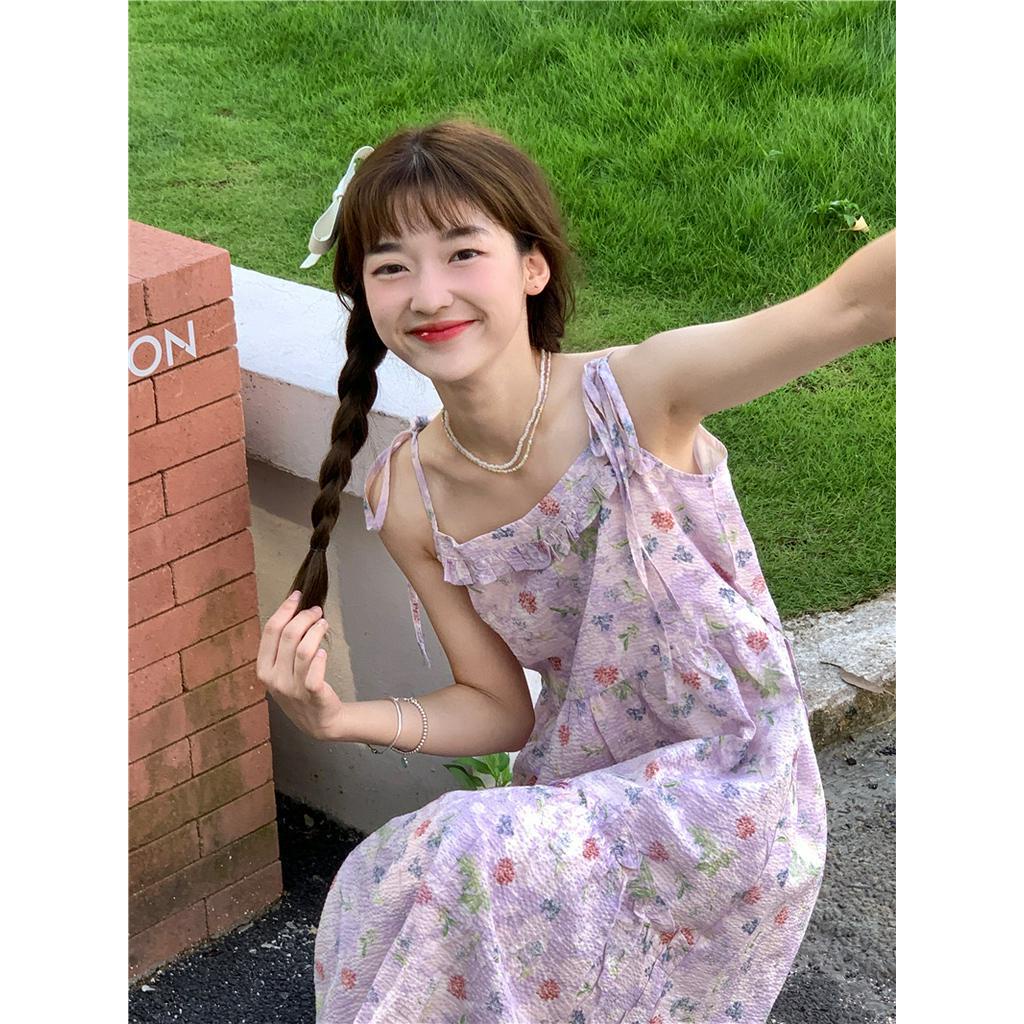 Đầm Hai Dây Lưng Cao Họa Tiết Hoa Màu Tím 62386
