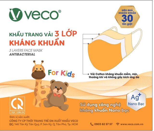 Khẩu Trang Vải Veco 3 Lớp Kháng Khuẩn Bụi Tái Sử Dụng Màu Trắng Cho Bé 3-10 tuổi