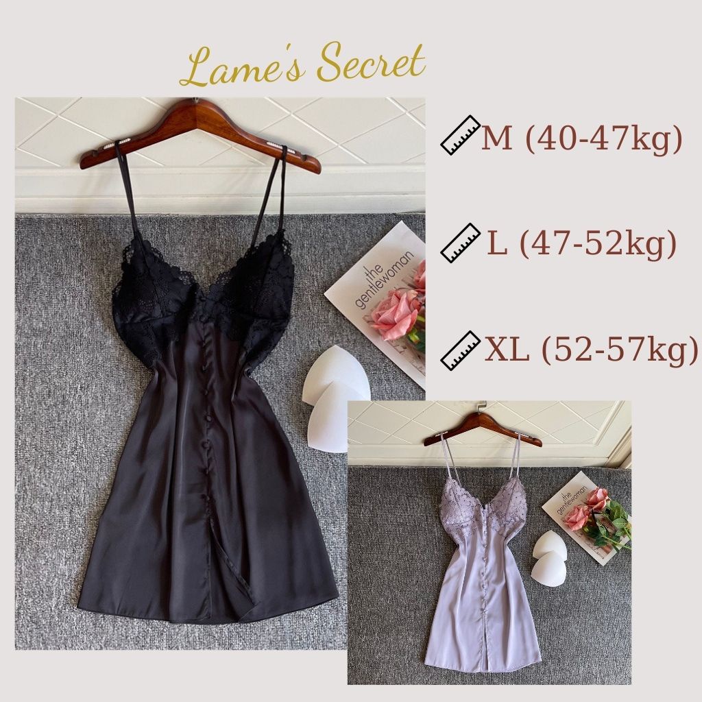 Váy ngủ 2 dây LAME'S SECRET lụa Satin cao cấp Hàn Quốc đủ size M, L, XL V06 (kèm lót ngực)