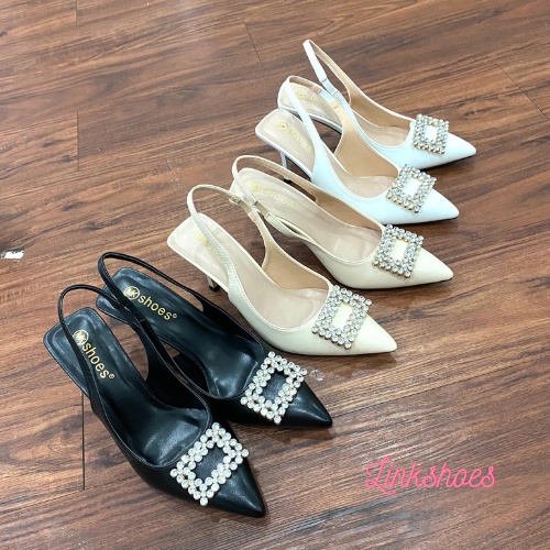 Giày cao gót mũi nhọn sandal hoa đá vuông chất liệu si PU mịn 3 màu đen trắng kem Mã BN02 Link Shoes