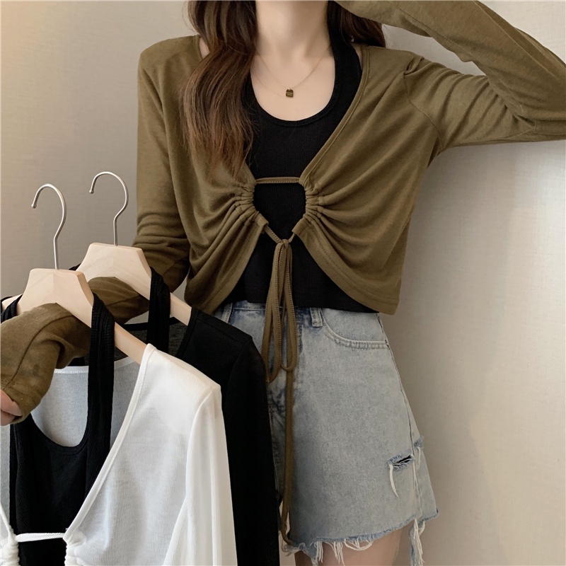SUXI Áo Kiểu Tay Dài Cổ Chữ V Phối Dây Rút Mỏng Chống Nắng Phong Cách Hàn Quốc Thời Trang Mùa Hè Cho Nữ