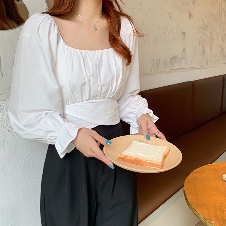 COZOK Áo Kiểu Tay Phồng Cổ Vuông Hở Lưng Thời Trang Xinh Xắn