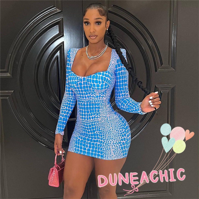 DUNEA Đầm Dài Tay Cổ Vuông In Họa Tiết Xinh Xắn Dành Cho Nữ