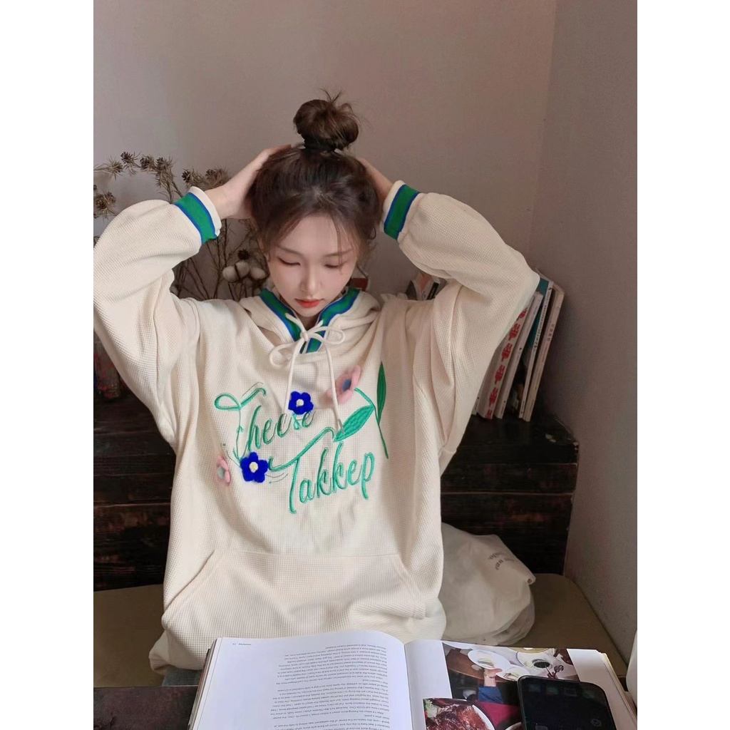Áo hoodie dáng rộng thêu họa tiết thời trang phong cách cá tính