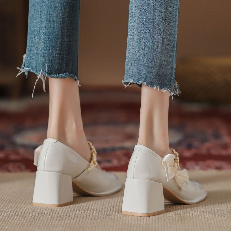 Giày Búp Bê Gót Dày Đính Nơ Phong Cách Pháp Thời Trang Mới Cho Nữ