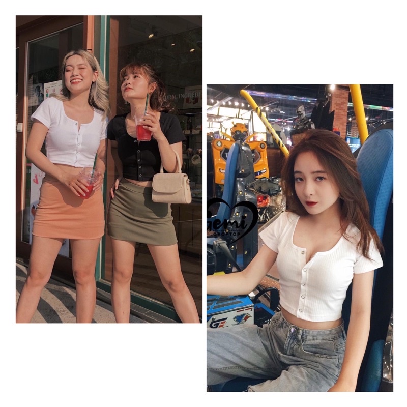 ÁO CROPTOP NÚT BẤM TAY NGẮN [GEMI SHOP]