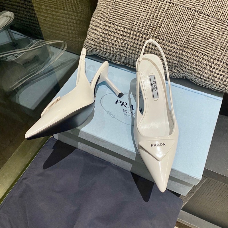 Giày cao gót mũi nhọn quai hậu thương hiệu Prada da thật cao cấp