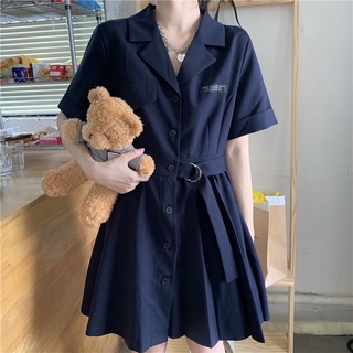 Váy sơ mi dáng xoè cổ bẻ dạng blazer có thắt eo