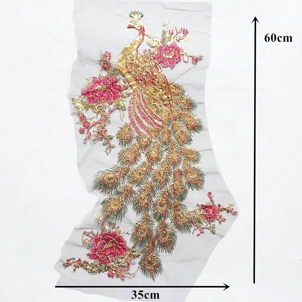 Đen Vải Tuyn Thêu Hình Chim Công Đính Kim Sa Vàng Lấp Lánh Trang Trí Cổ Áo Cưới diy