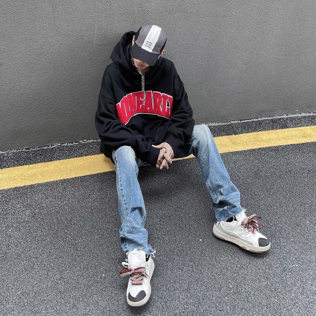 ☾Áo hoodie dày dặn màu xanh dương xanh dương in chữ phong cách Retro đường phố Mỹ kiểu mới | BigBuy360 - bigbuy360.vn