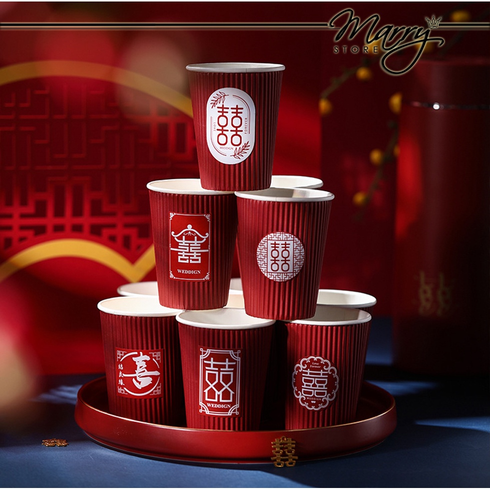 Bộ 10 Cốc Giấy Chữ Hỷ Dày Dặn Cách Nhiệt Dành Cho Đám Cưới, Lễ Cưới Cao Cấp MARRYSTORE