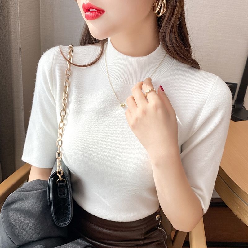 Áo Thun Tay Lửng Cổ Cao Vừa Vặn Phong Cách Phương Tây Thời Trang Xuân Thu Mới Cho Nữ