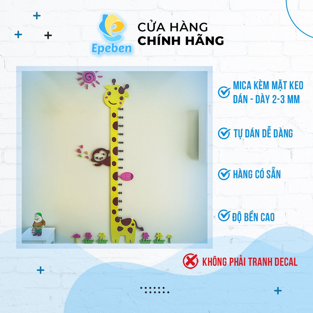 THƯỚC ĐO CHIỀU CAO CHO BÉ Tranh Dán Tường Mica 3D Đo Chiều Cao Hươu Cao Cổ