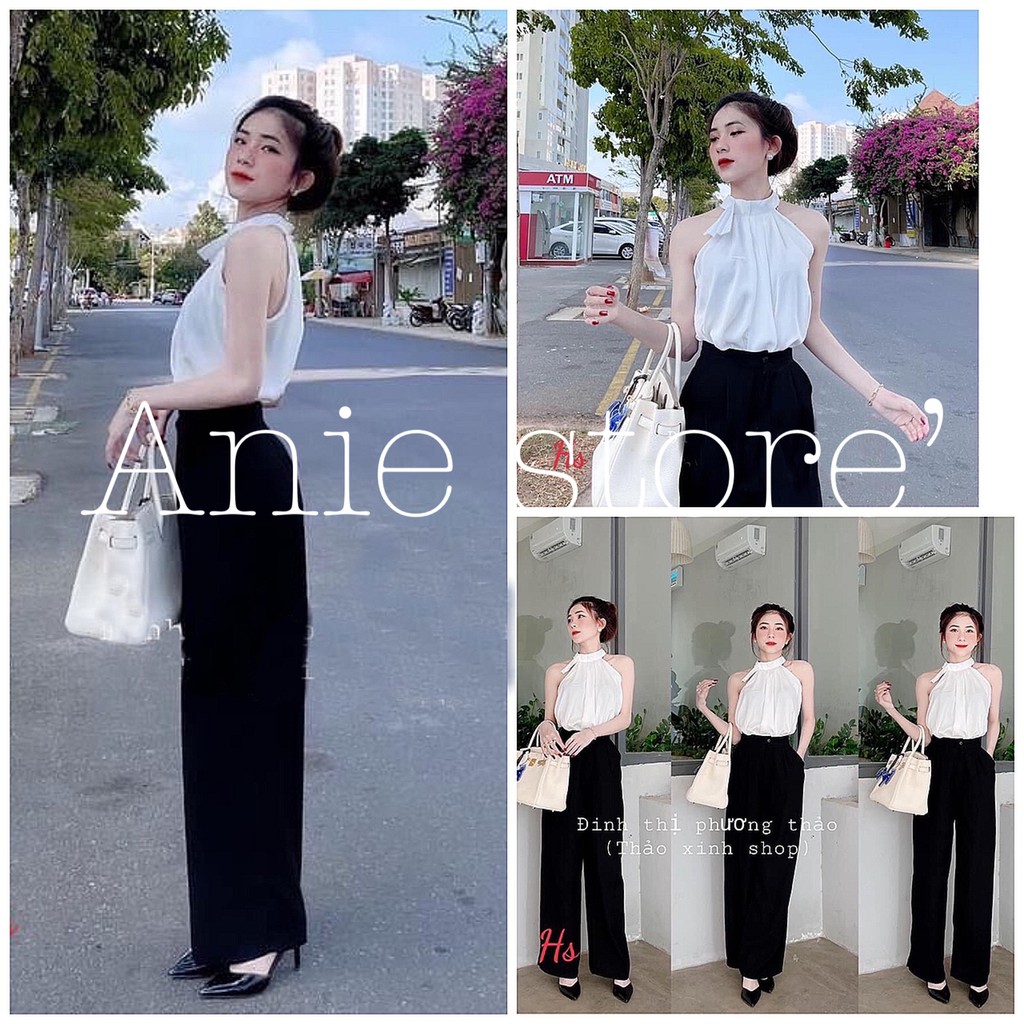 Bộ Áo Yếm Trắng Quần Suông Đen Ống Rộng 🦋 Set Áo Sát Nách Kèm Quần Dài Chất Đũi 🦋