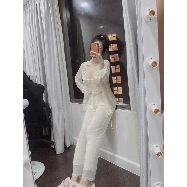 SX 99-Set bộ đồ ngủ voan kèm choàng viền ren MIEMMOC QUẢNG CHÂU cao cấp- Sẵn( video+ảnh thật)