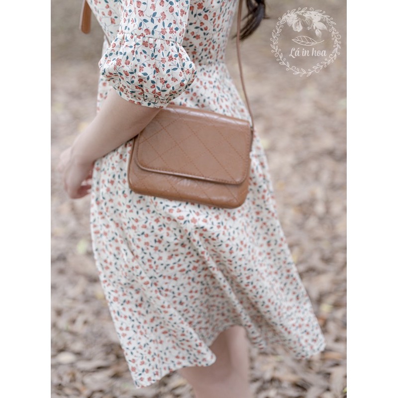 [Mã SKAMSALEP6 giảm 10% tối đa 100K đơn 150K] Váy be hoa cam tay phồng nhún | BigBuy360 - bigbuy360.vn