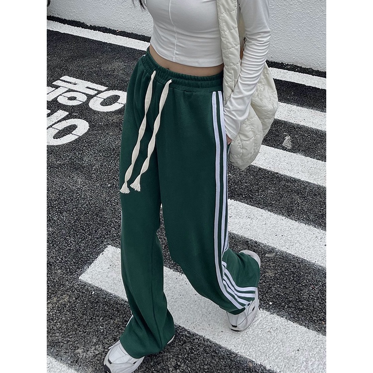 Quần Thể Thao Lưng Cao Ống Rộng Họa Tiết Kẻ Sọc Phong Cách Hàn Quốc Thời Trang Cho Nữ