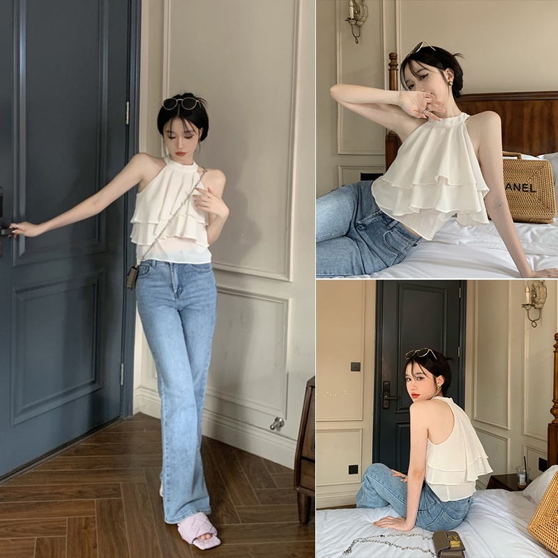 [] - Áo Chiffon Sát Nách Cổ Tròn Nhún Bèo Màu Trơn Thời Trang Mùa Hè Dự Tiệc Hằng Ngày Cho Nữ